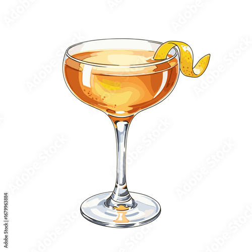 Classic cocktail in a coupe glass with a lemon twist garnish. Vector illustration of an alcoholic beverage isolated on a white background.