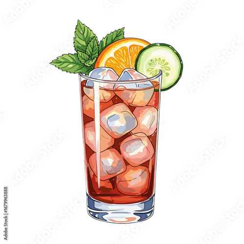 Refreshing iced cocktail with orange, cucumber, and mint garnish. Vector illustration of a summer drink in a tall glass isolated on a white background.