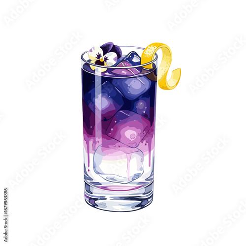 Vibrant purple cocktail with ice cubes, a lemon twist, and edible flower garnish. Isolated digital illustration of a refreshing summer drink in a highball glass.