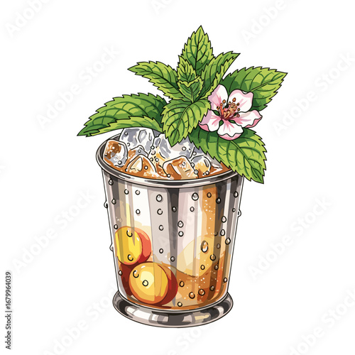 Illustrated Mint Julep cocktail in a silver cup, garnished with a fresh mint sprig and a pink flower. Refreshing summer drink with ice and fruit, isolated on a white background.