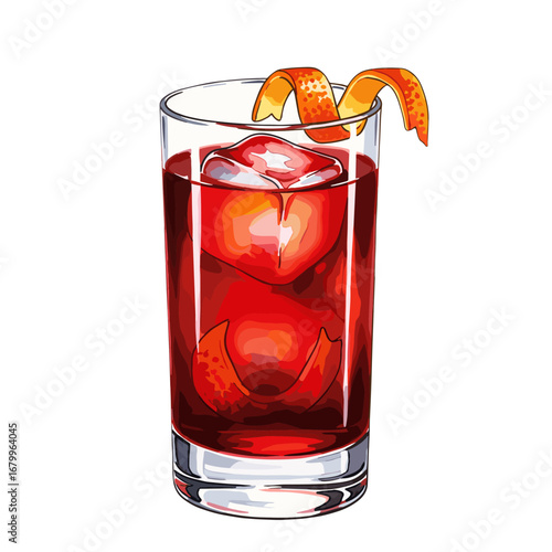 Red cocktail illustration in a highball glass with ice cubes and an orange peel twist garnish. Vector style alcoholic beverage isolated on a white background.