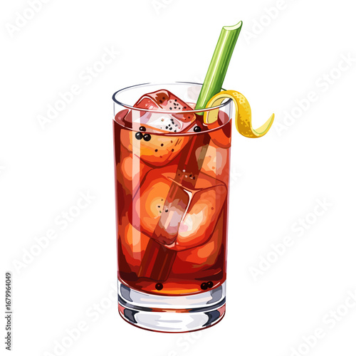 Bloody Mary cocktail illustration in a highball glass with celery and lemon garnish. Refreshing alcoholic drink with ice and pepper isolated on a white background.