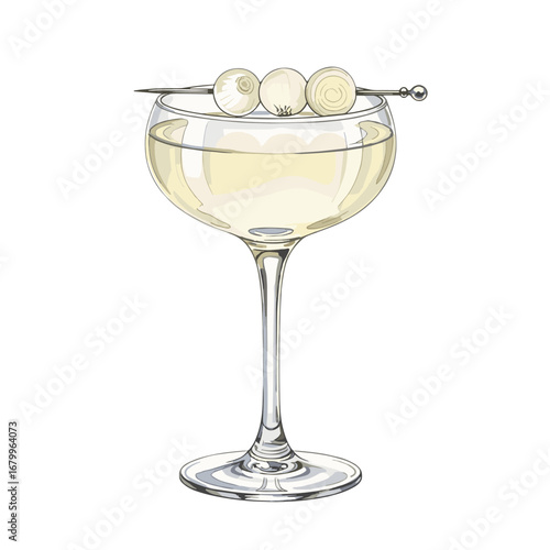 Gibson Cocktail Illustration. Classic alcoholic drink with an onion garnish in a coupe glass. Hand-drawn vector art isolated on a white background.