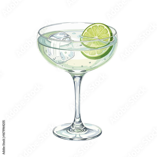 Gimlet cocktail illustration in a coupe glass. Refreshing alcoholic beverage with lime and ice, hand-drawn and isolated on a white background.