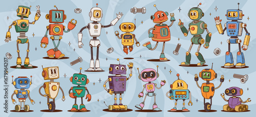 Groovy robot and droid characters. Vector set of cartoon vintage ai cyborgs with expressive faces, mechanical parts, gears, wires and antennas, evoking a playful and retro futuristic y2k vibes .