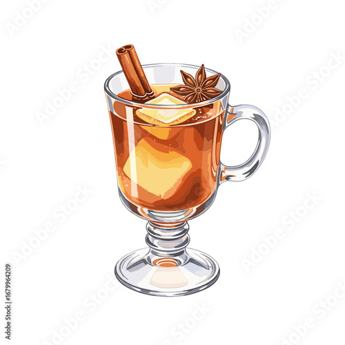 Hot Toddy cocktail with a cinnamon stick and star anise in a glass mug. Vector illustration of a warm winter alcoholic drink isolated on a white background.