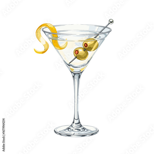 Classic Martini Cocktail with Olives and Lemon Twist Garnish. Hand drawn watercolor illustration of an alcoholic beverage in a glass isolated on a white background.