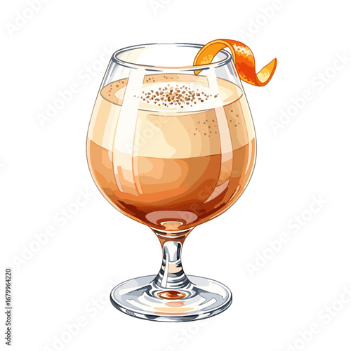 Vector illustration of a classic foamy cocktail in a snifter glass, garnished with an orange peel twist and spices. Isolated hand-drawn alcoholic beverage on a white background.