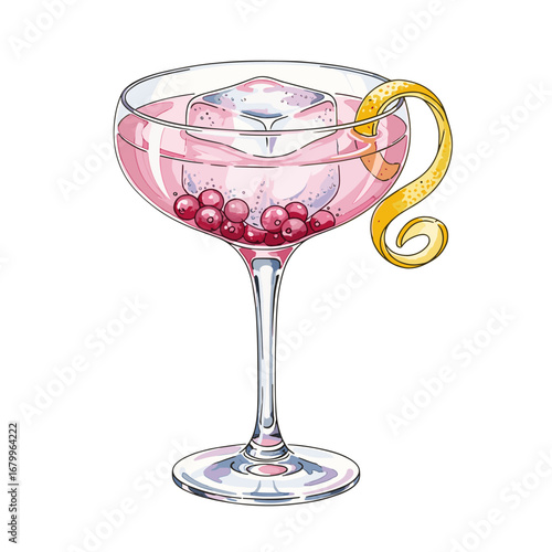 Pink cocktail in a coupe glass with an ice cube, red berries, and a lemon twist garnish. Watercolor style illustration of a refreshing alcoholic beverage, isolated on a white background.