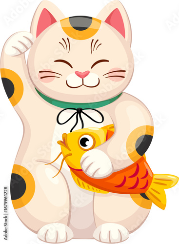 Maneki neko Japanese lucky cat with golden koi fish for luck or fortune, cartoon vector. Maneki neko cat or animal toy character with Chinese koi fish and waving paw for luck and fortune symbol