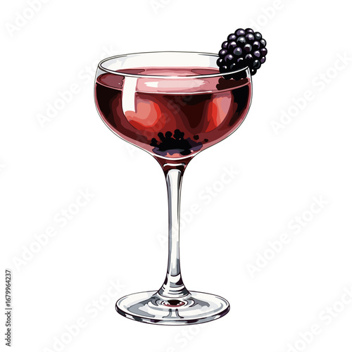 Elegant red berry cocktail in a coupe glass with a fresh blackberry garnish. Vector illustration of an alcoholic drink isolated on a white background.