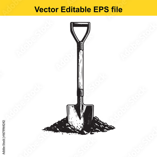 Shovel stuck in a pile of dirt, isolated on white background