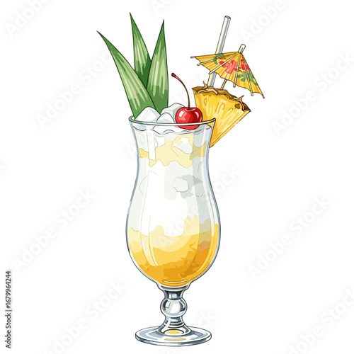 Illustration of a Piña Colada cocktail. Tropical summer drink with pineapple, cherry, and umbrella garnish, isolated on a white background.