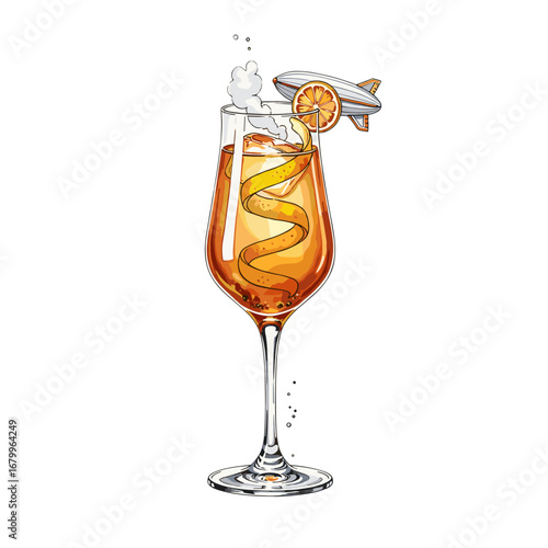 Creative illustration of a refreshing orange spritz cocktail with a whimsical blimp garnish. Isolated vector art for a summer drink menu.