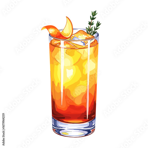 Colorful summer cocktail in a tall glass with ice, orange peel, and thyme garnish. Vector illustration of a refreshing alcoholic beverage isolated on a white background.