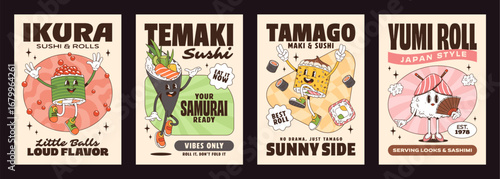 Cartoon Japanese groovy sushi and roll characters on posters for menu, vector set. Vintage retro posters with groovy sushi characters of Asian food, tamaki samurai and caviar roll with happy face