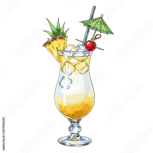 Illustrated tropical cocktail drink, a Piña Colada in a hurricane glass with pineapple, cherry, and umbrella garnish, isolated on a white background.