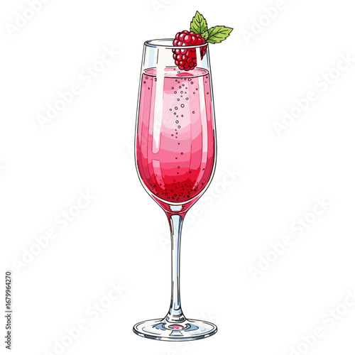 Raspberry Champagne Cocktail illustration. Pink sparkling wine drink in a flute glass with fresh berry and mint garnish. Hand drawn vector art isolated on white background.