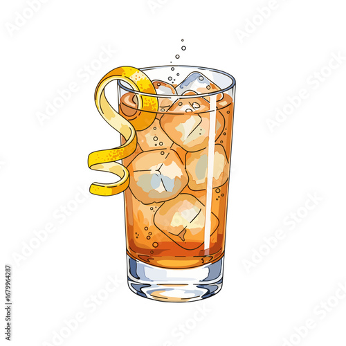 Illustration of a refreshing cocktail in a highball glass with ice cubes and a lemon twist garnish. Vector style alcoholic beverage on a white background.