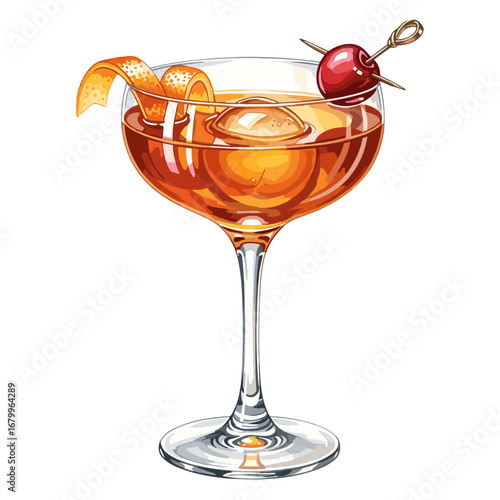 Classic amber cocktail in a coupe glass with an orange twist and cherry garnish. Isolated vector illustration of an alcoholic beverage.