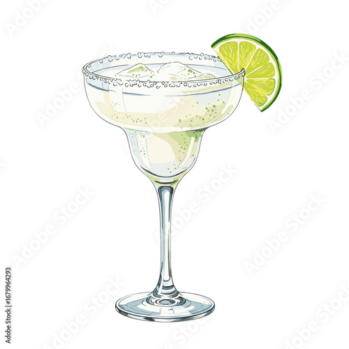 Hand-drawn illustration of a classic margarita cocktail with a salted rim and lime wedge garnish. Refreshing alcoholic drink isolated on a white background.