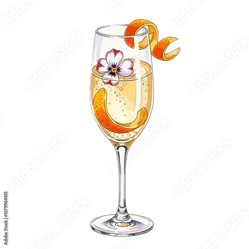 Champagne Cocktail Illustration with Orange Peel and Edible Flower Garnish. Elegant sparkling wine drink in a flute glass, isolated on a white background.