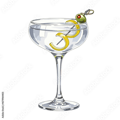 Classic Martini Cocktail with Lemon Twist and Olive Garnish. Hand-drawn vector illustration isolated on a white background.