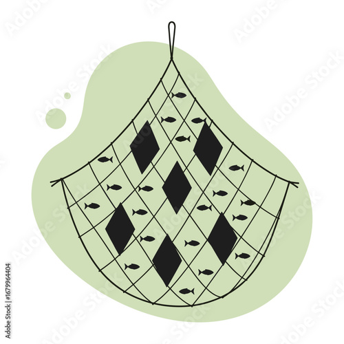 A simple graphic illustration of a fishing net full of small black fish. Vector icon for fishing, seafood, or marine themes on a green background.