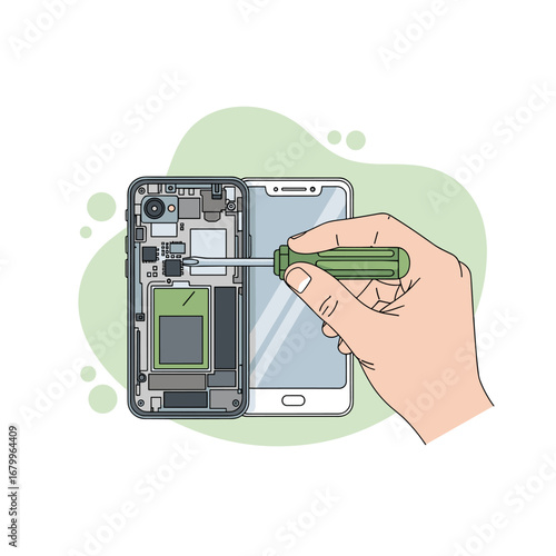 Hand of a technician repairing a modern smartphone with a screwdriver. Mobile phone service and maintenance concept vector illustration.