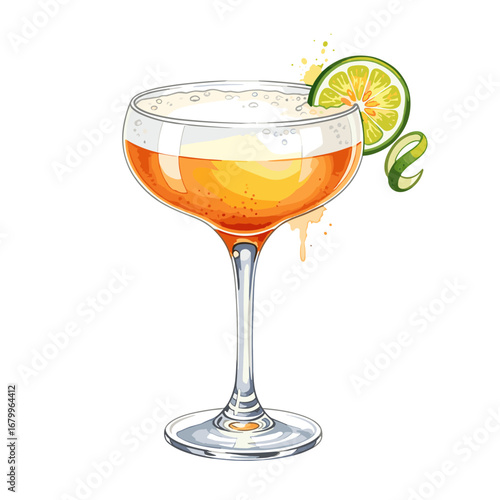Orange cocktail in a coupe glass with a lime slice and twist garnish. Vector illustration of a classic alcoholic drink isolated on a white background.