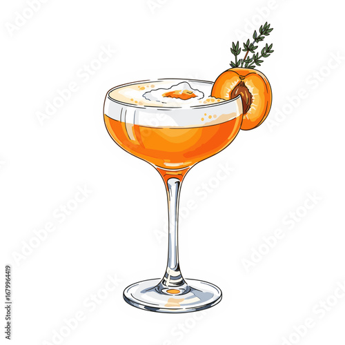 Hand-drawn illustration of a peach sour cocktail. Orange alcoholic drink in a coupe glass with foam and thyme garnish, isolated on a white background.