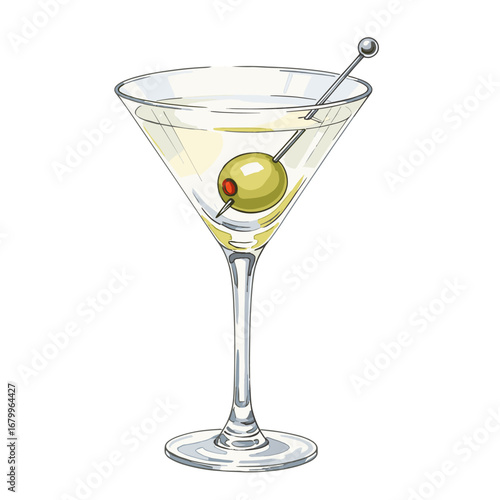 Classic martini cocktail with a green olive on a pick in a traditional glass. Vector style illustration isolated on a white background.