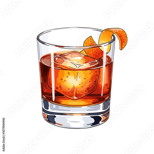 Classic Old Fashioned cocktail with a large ice cube and orange peel garnish. Vector illustration of a whiskey drink isolated on a white background.