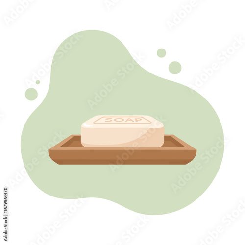 A simple vector illustration of a bar of soap in a brown dish. Concept for hygiene, cleanliness, and personal care products.