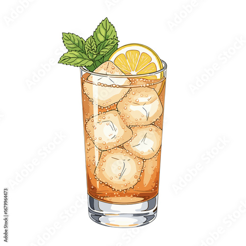A refreshing glass of iced tea with ice cubes, a lemon slice, and a mint sprig. A vector illustration of a cold summer drink isolated on a white background.