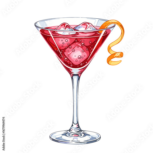 Red cocktail in a martini glass with ice and an orange peel garnish. Vector illustration of a cosmopolitan or negroni drink isolated on a white background.