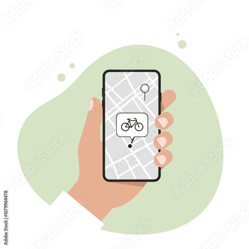Vector illustration of a hand holding a smartphone with a bike sharing app. Person finding a rental bicycle on a city map for urban mobility.