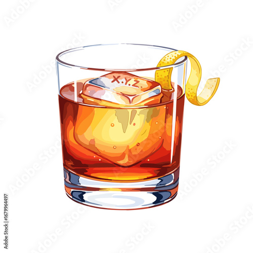 Classic amber cocktail in a rocks glass with a large custom ice cube and a lemon twist garnish. Vector illustration isolated on a white background.