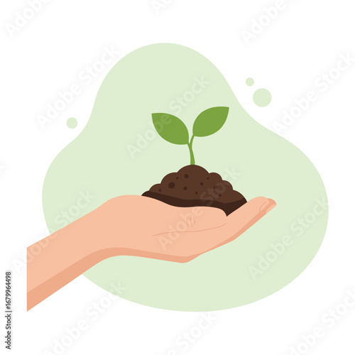 A human hand holding a small green plant sprout in a mound of soil. Concept of growth, new life, ecology, and environmental care.