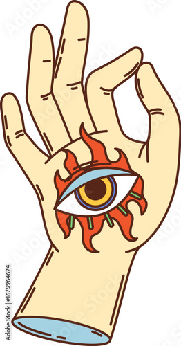 Retro hand with eye tattoo groovy hippie symbol. Human hand with flaming eye showing ok gesture hippie 80s vector symbol, cartoon vintage sticker. Witchcraft and mystic, providence groovy funky print