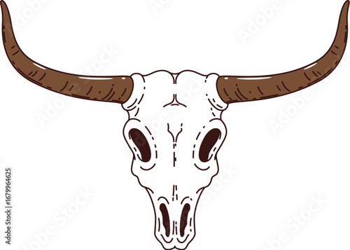 Wild west groovy western cow skull. Cartoon vector hippie dead bull skeleton head with eye socket and horns, symbol of desert and cowboy culture. Longhorn farm animal cranium embodying frontier spirit