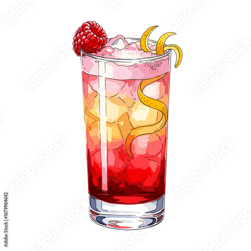 Hand drawn illustration of a refreshing raspberry lemon cocktail. Colorful summer drink in a highball glass with ice and fruit garnish isolated on a white background.