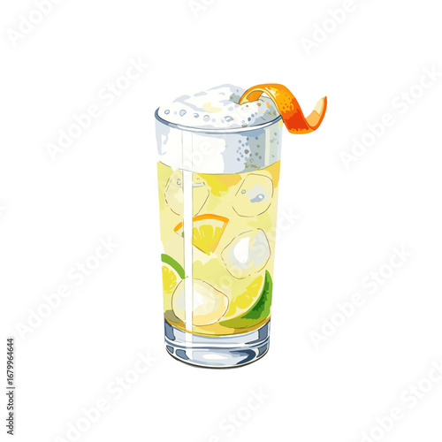 Illustrated refreshing citrus cocktail in a highball glass. Fizzy summer drink with ice, lime, orange slices, and a peel garnish, isolated on a white background.