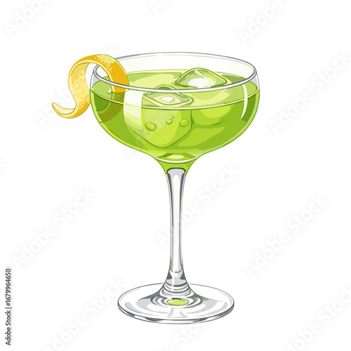 Green cocktail with a lemon twist garnish and ice cubes in a coupe glass. Vector illustration of an alcoholic beverage isolated on a white background.