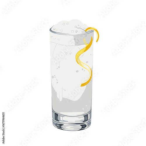 Classic Gin Fizz cocktail with a lemon twist garnish. Refreshing alcoholic beverage in a highball glass, vector illustration isolated on white background.