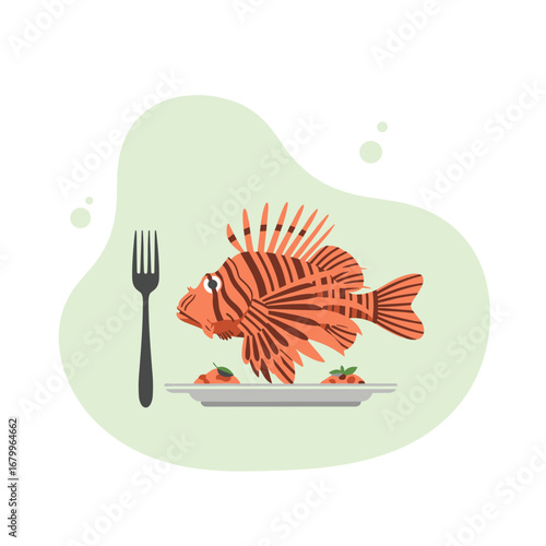 Cartoon Lionfish Served on a Plate with a Fork. Vector Illustration of an Invasive Species as a Seafood Dish.