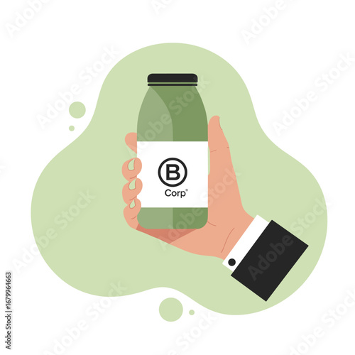 A person in a suit holding a green juice bottle with a corporate social responsibility certification logo.
