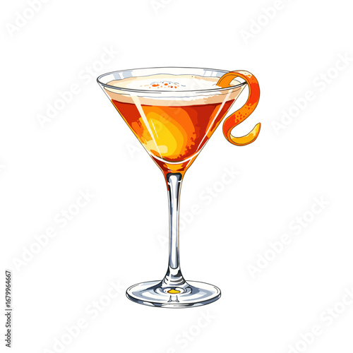 Classic orange cocktail in a martini glass with a citrus peel twist garnish. Vector illustration of an alcoholic beverage isolated on a white background.