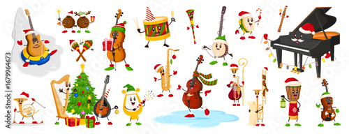 Cartoon musical instrument characters on Christmas and winter holiday. Vector set of funny piano, guitar, drums and violin, harp, cello and banjo wear Santa hats, scarves and mitten festive activities