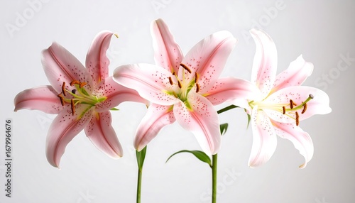 Three delicate pink lilies against a light gray background.  Close-up, studio shot